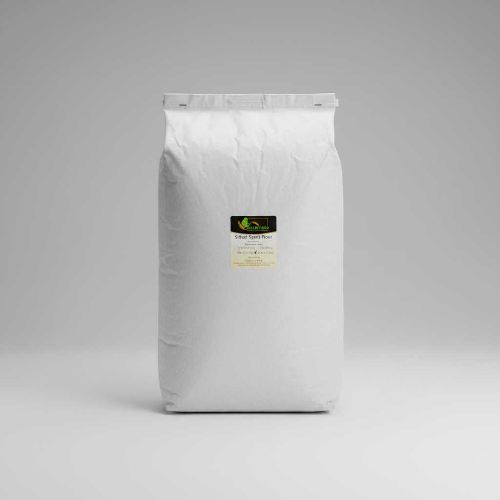 A 25lb sack of organic Oberkulmer Golden Spelt Flour with a label on it.