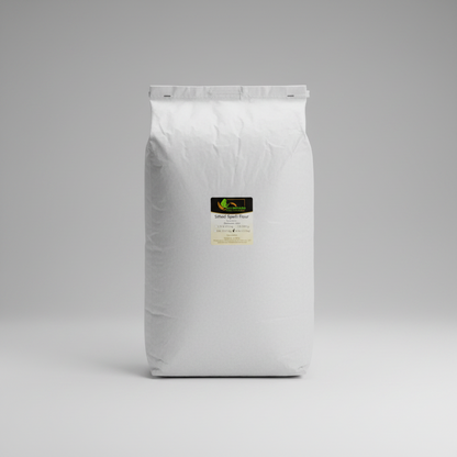 A 25lb sack of organic Oberkulmer Golden Spelt Flour with a label on it.