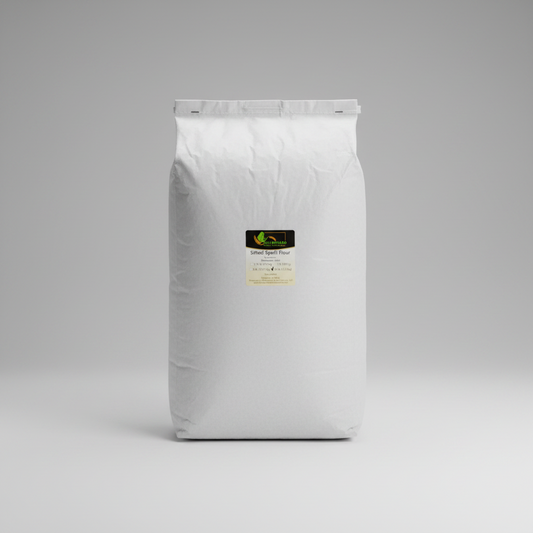 A 25lb sack of organic Oberkulmer Golden Spelt Flour with a label on it.