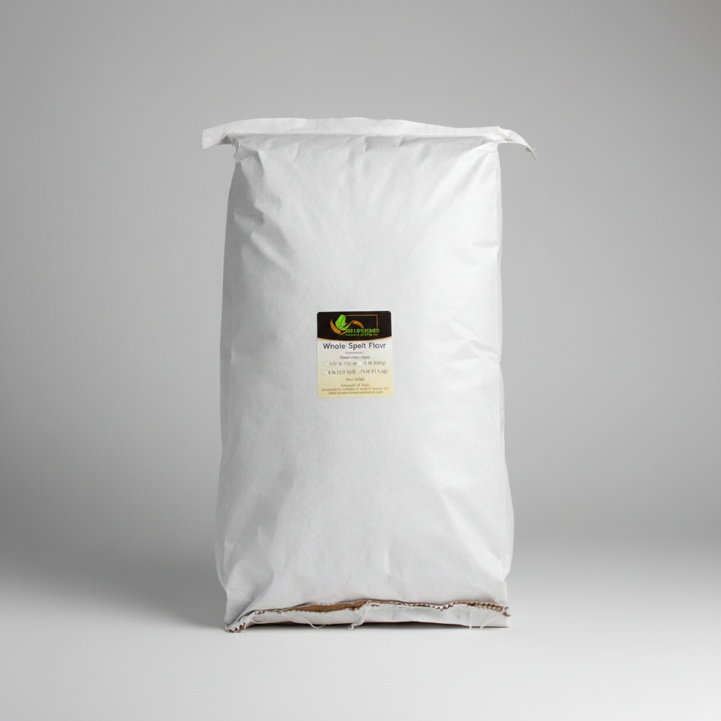 A 25lb bag of Oberkulmer Whole Spelt Flour with a label showing the brand and product name.