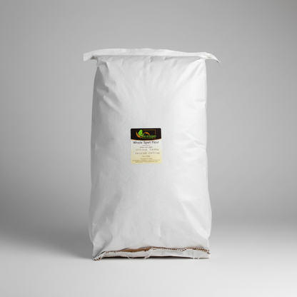 A 25lb bag of Oberkulmer Whole Spelt Flour with a label showing the brand and product name.