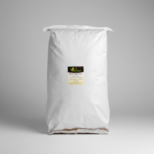 A 25lb bag of Oberkulmer Whole Spelt Flour with a label showing the brand and product name.
